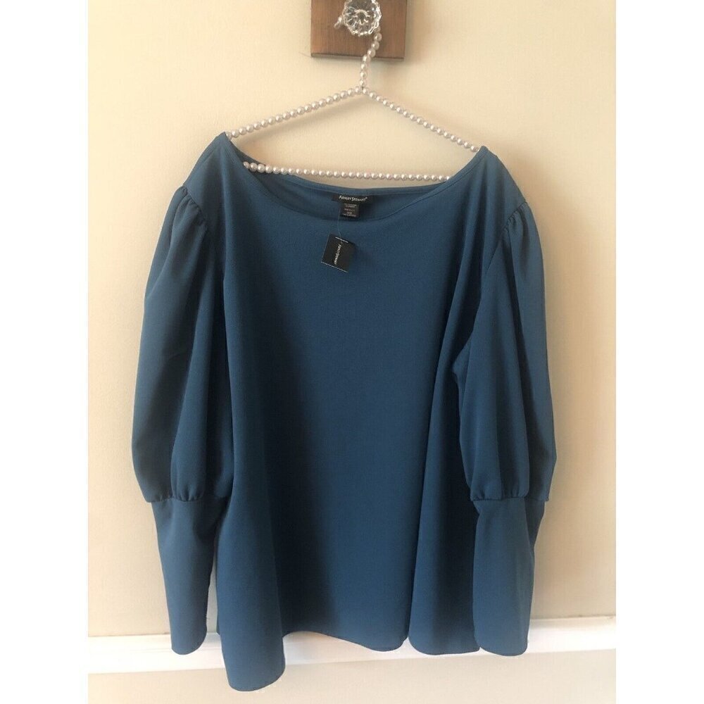 NWT Ashley Stewart Size 30/32 Teal Blouse Tunic Long Puff Sleeves